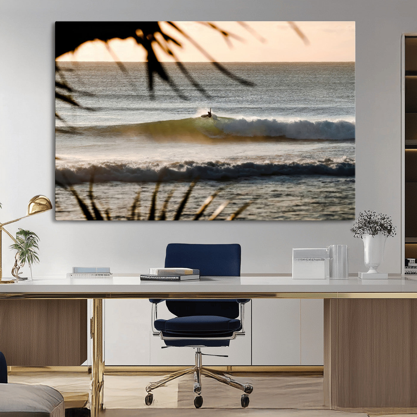 Photo of a surfer riding a golden hour wave at sunset, with tropical tones and dreamy light, perfect for tropical boho or coastal home decor.