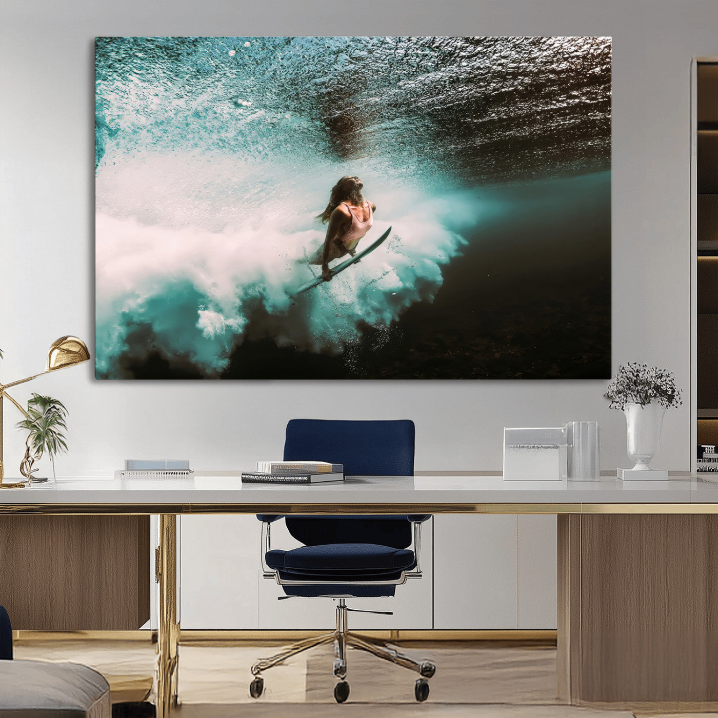 Vibrant underwater photo of a female surfer diving through turquoise waves, perfect for coastal boho or surf-inspired home decor.