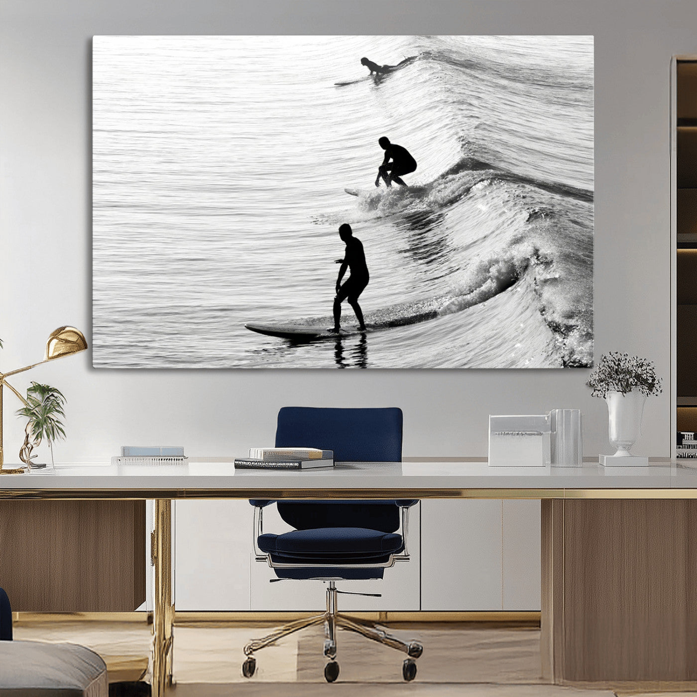 Black and white photo of surfers riding waves in a moody, high-contrast scene, ideal for modern coastal or surf-inspired home decor.