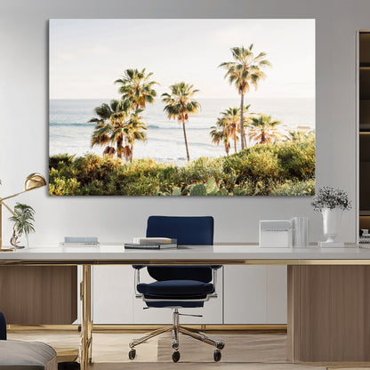 Framed print of sunlit palm trees on the California coast with warm tones, perfect for coastal minimalist or beach-style home decor.
