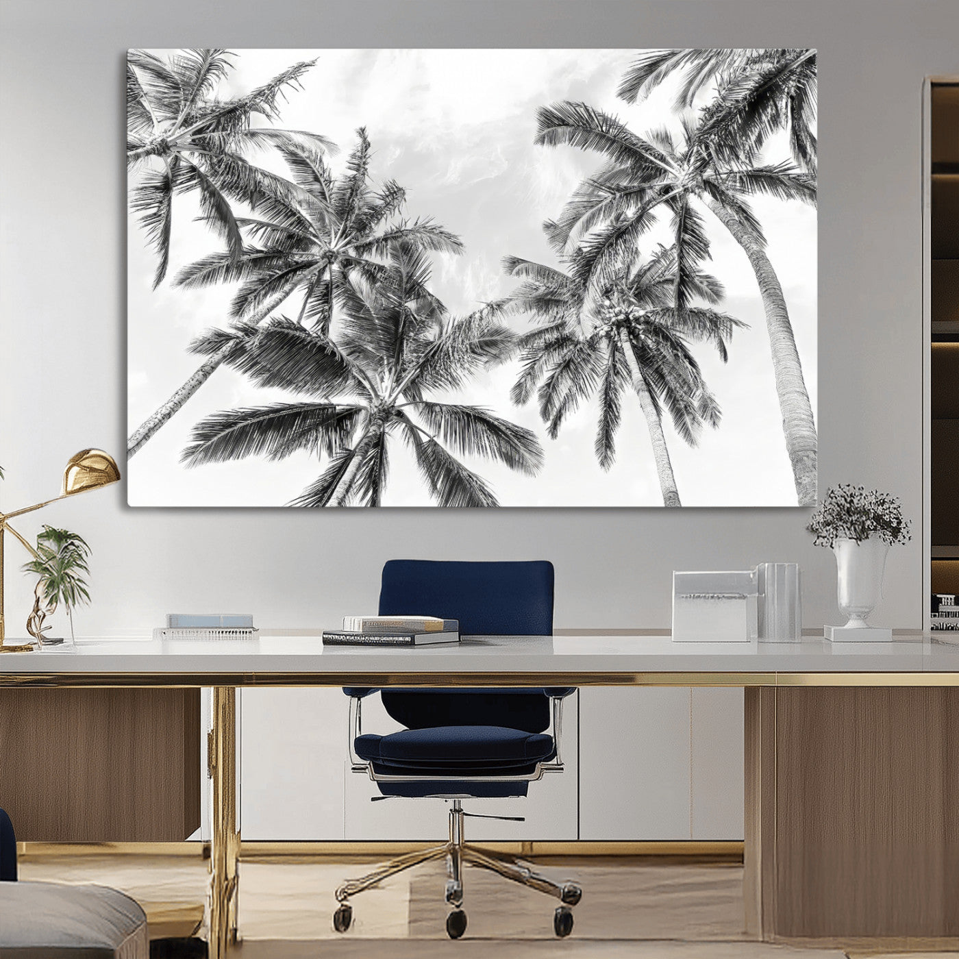Black and white tropical palm trees viewed from below, swaying gently against a bright sky, creating a serene and elegant coastal atmosphere.