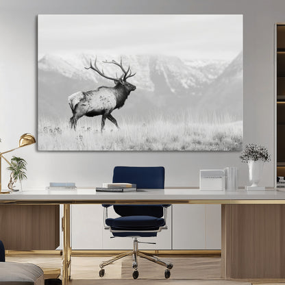 Black and white photograph of a majestic elk standing in a grassy field with snow-capped mountains in the background, creating a bold and rustic wilderness scene.