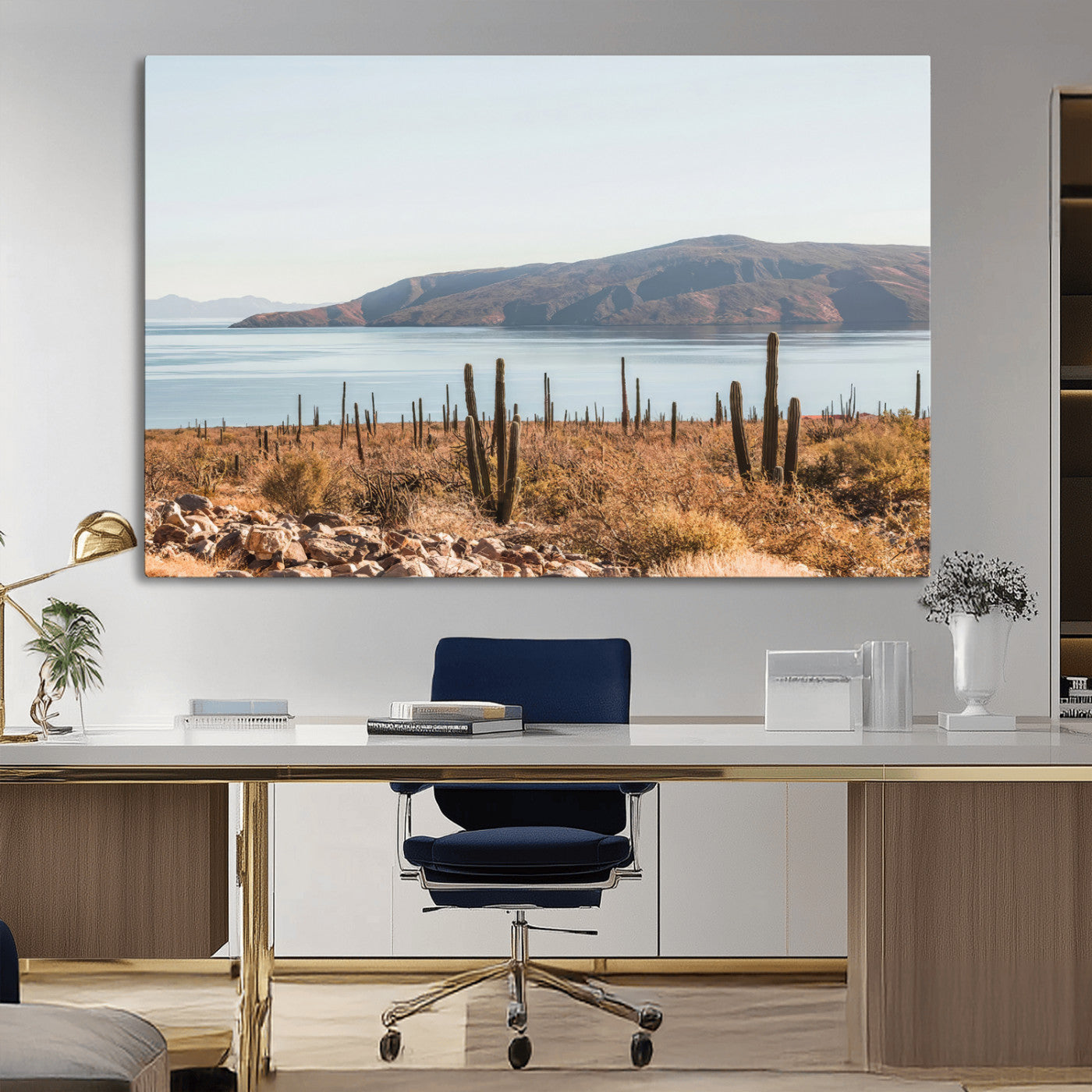 Warm desert landscape with cacti and coastal mountains, perfect for southwestern or earthy calm-themed home wall decor.