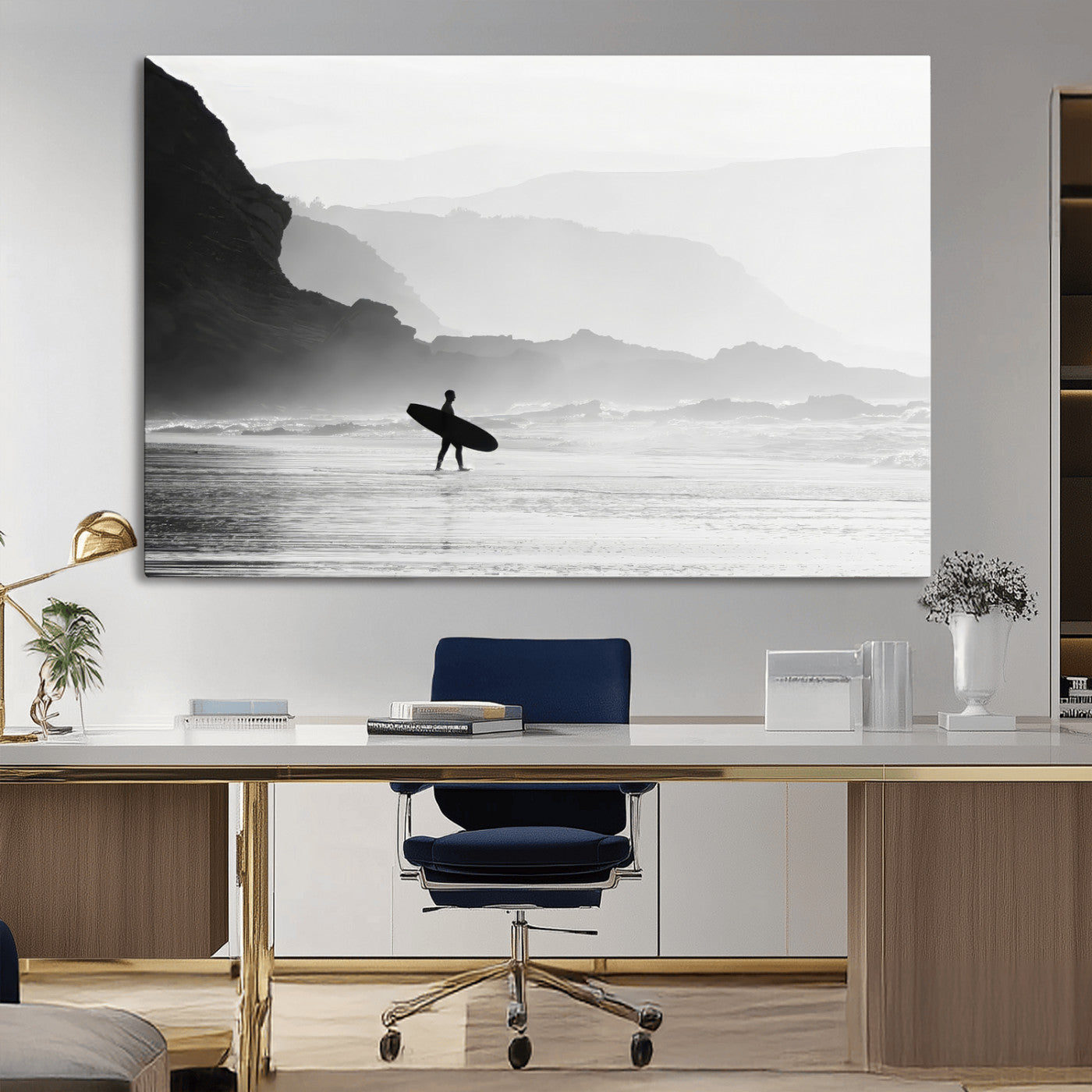 A lone surfer walking along a misty beach with cliffs in the background, carrying their board, capturing a serene and minimal ocean moment.