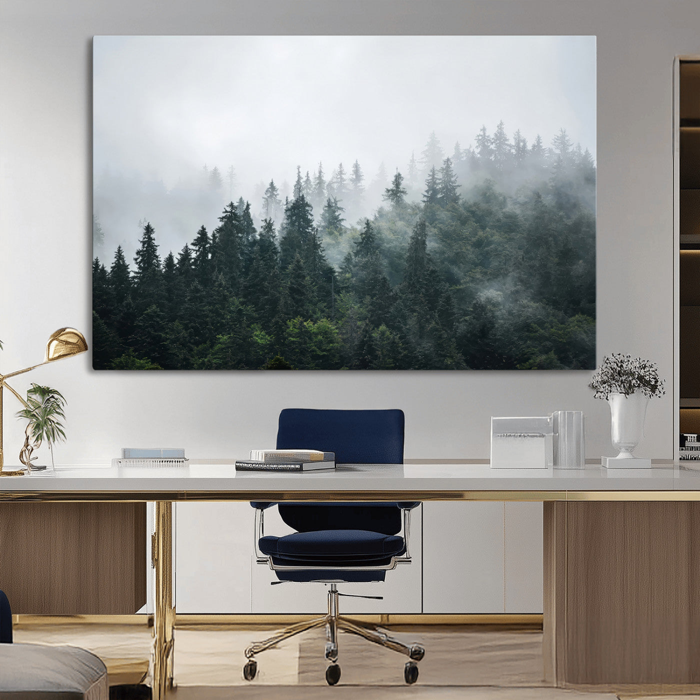 A misty evergreen forest shrouded in soft fog, creating a tranquil and moody landscape with lush green trees fading into the distance.