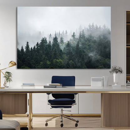 A misty evergreen forest shrouded in soft fog, creating a tranquil and moody landscape with lush green trees fading into the distance.