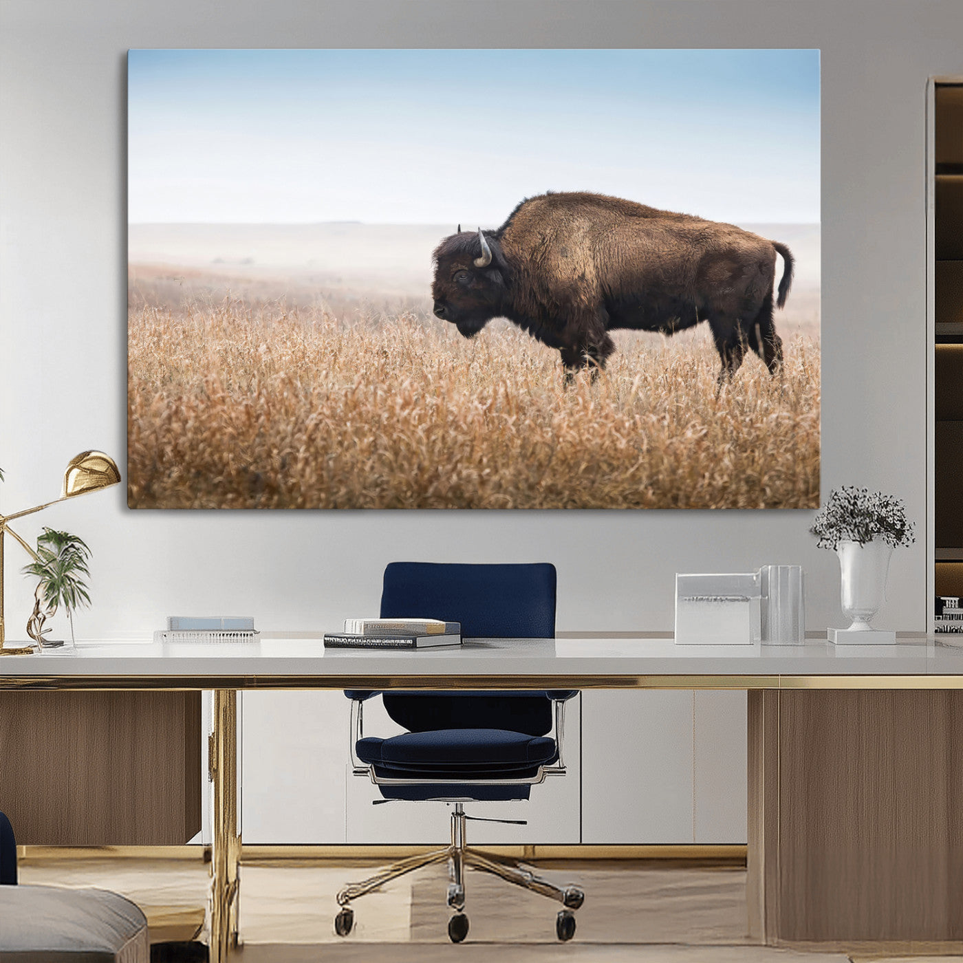 A majestic bison standing in an open prairie field, its strong form blending into the golden grass under a vast blue sky, evoking the wild spirit of the American plains.