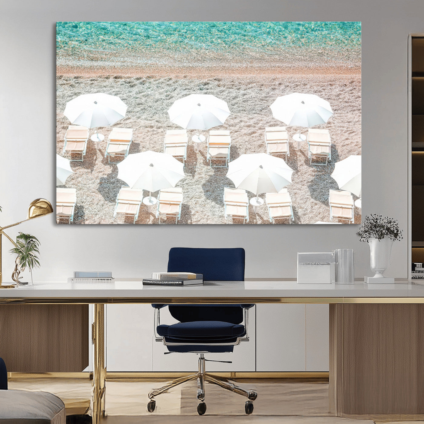 A bright beach scene with white umbrellas, pastel sand, and turquoise waters, creating a tranquil coastal vibe, perfect for beach house or summer decor.