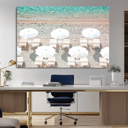 A bright beach scene with white umbrellas, pastel sand, and turquoise waters, creating a tranquil coastal vibe, perfect for beach house or summer decor.