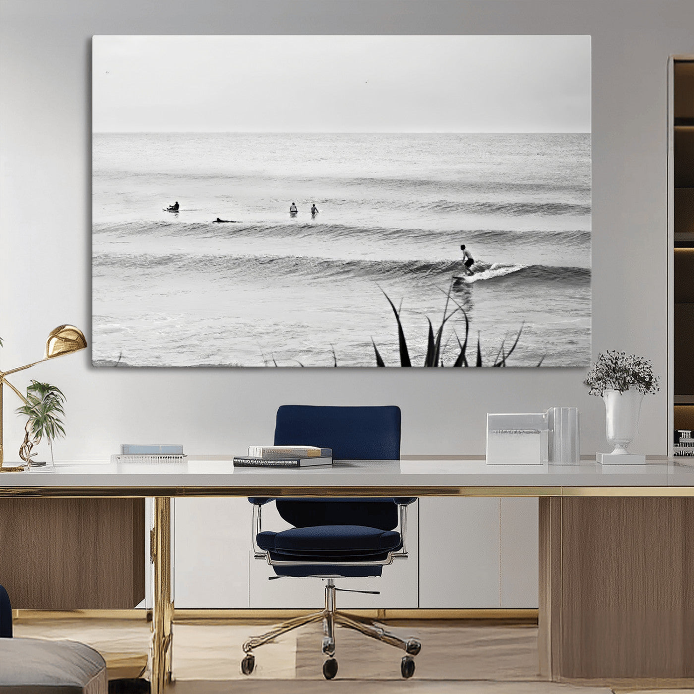Monochrome canvas of surfers on calm ocean waves, ideal for minimalist coastal or beach-inspired interior decor.