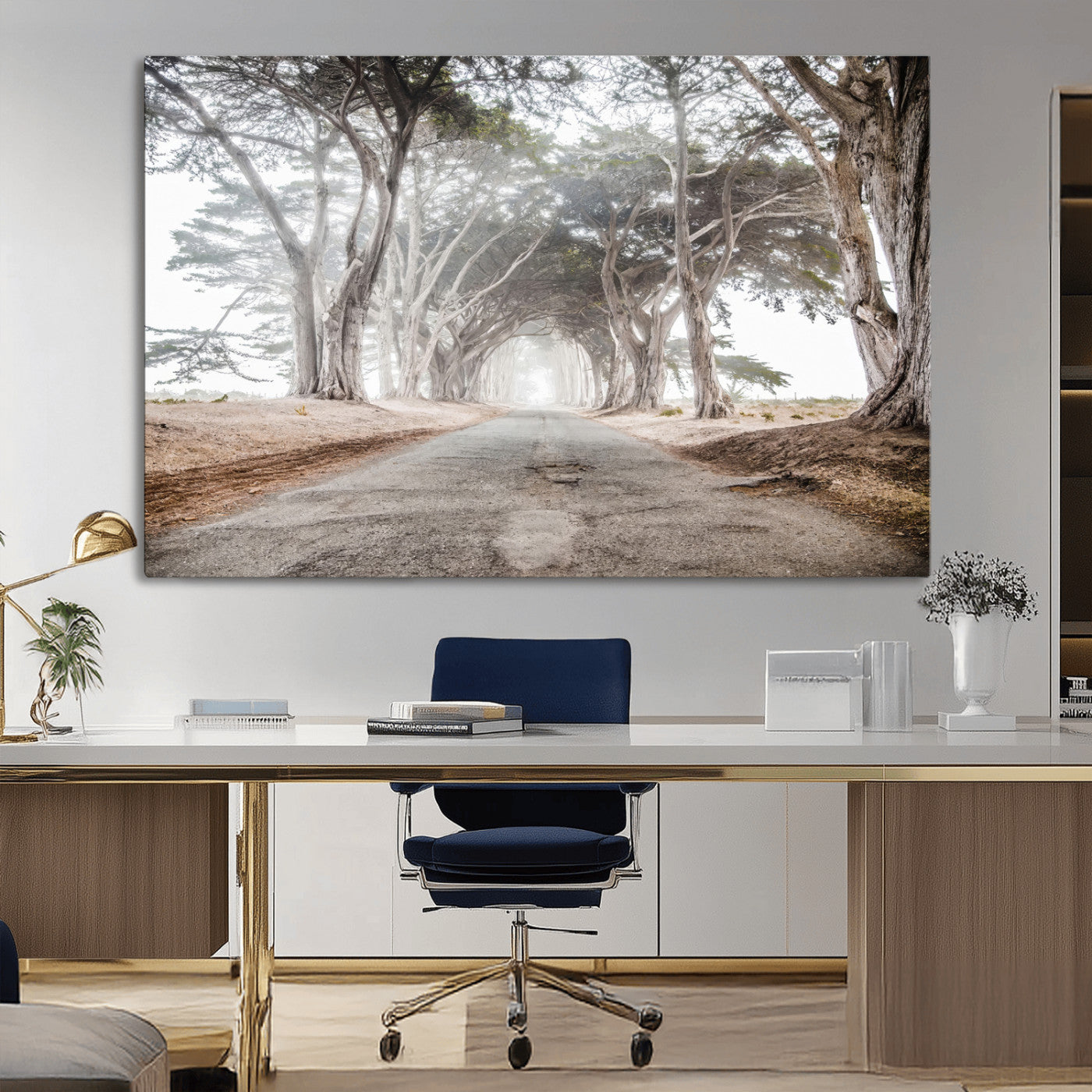 Canvas of a misty tree tunnel with arching cypress trees and an earthy road, ideal for rustic or coastal nature decor.