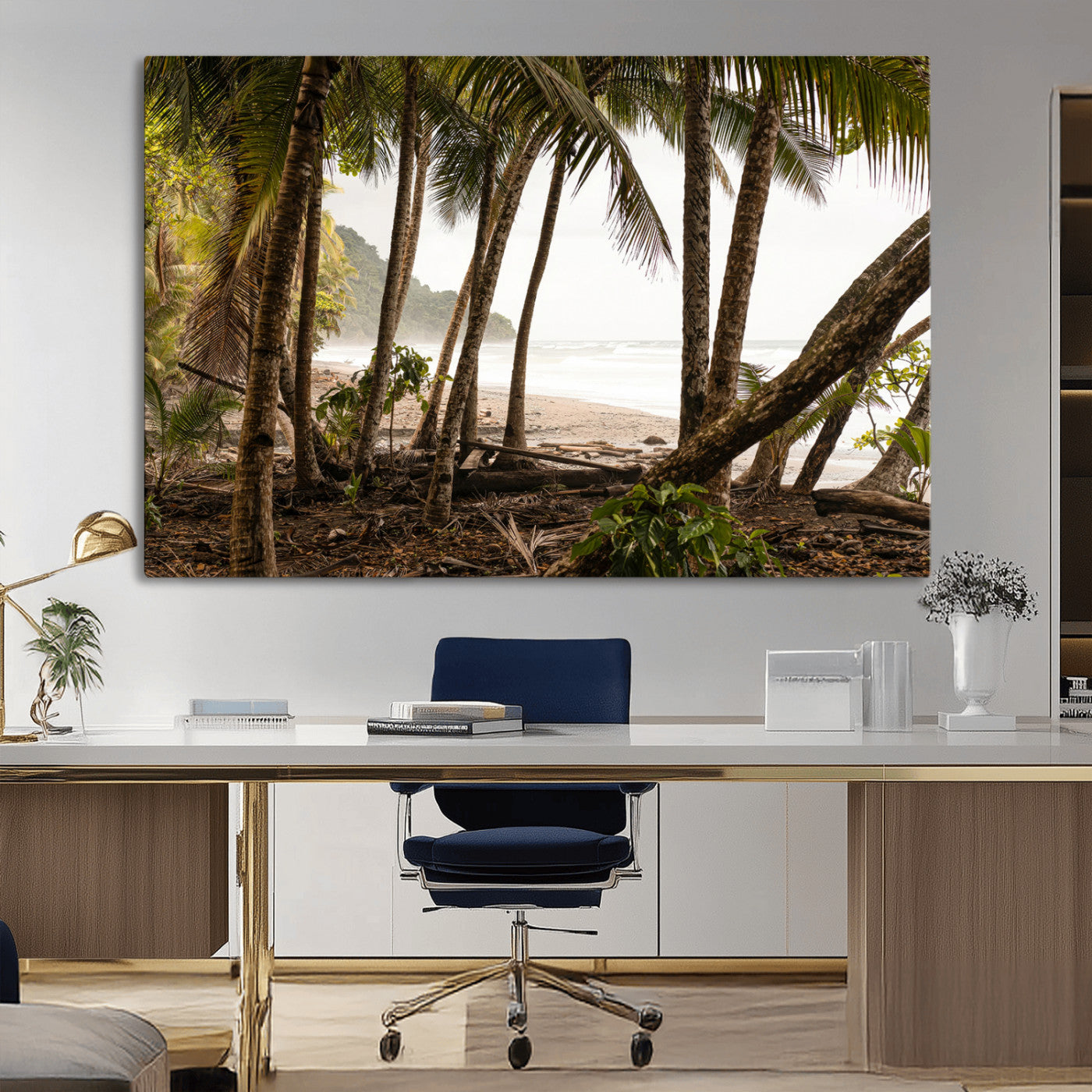 Dense tropical palm trees framing a sandy beach and ocean shore, ideal for jungle or coastal themed interior wall decor.