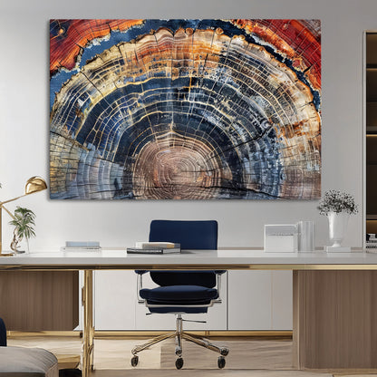 Vibrant tree ring with orange, brown, and blue tones in abstract detail, perfect for rustic or boho-inspired wall decor.