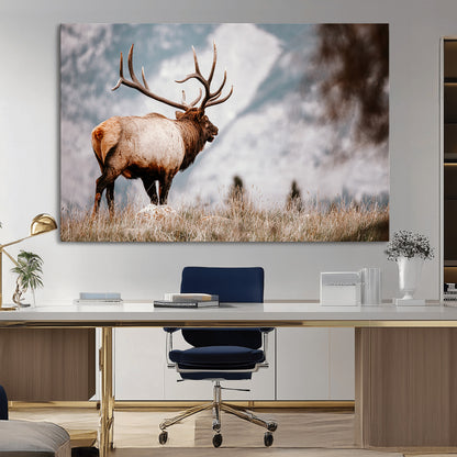 Majestic elk with large antlers standing in grass with snowy mountains in background, perfect for rustic cabin or lodge style decor.