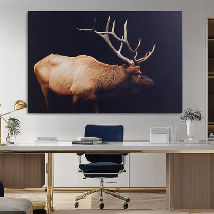 Side view of a majestic elk with large antlers against dark background, perfect for rustic lodge or cabin style home decoration.