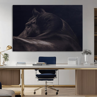 Close-up of a black horse with dramatic lighting on a dark background, perfect for rustic or masculine home decor.