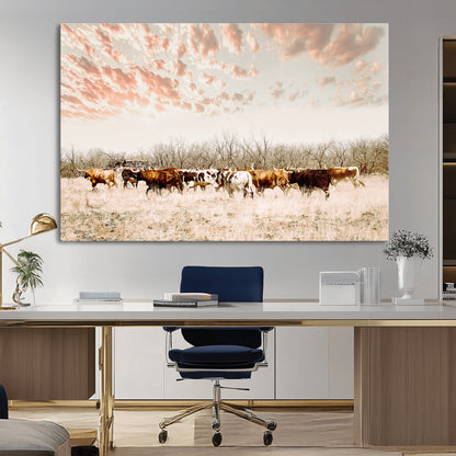 Cattle herd in a soft-toned field under a pastel pink sky, creating a peaceful rustic feel, perfect for farmhouse or western-themed spaces.