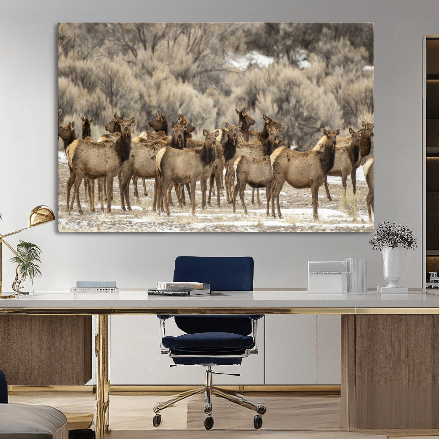 A large herd of elk standing in an open field with soft earthy tones, ideal for rustic lodge or western-themed home wall decor.