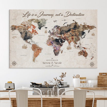 96000140-MGV-CV-36X24-Custom Push Pin World Map Wall Canvas Print – Personalized Travel Tracker with Pins – Framed Large Multi-Size Canvas for Home Office Decor