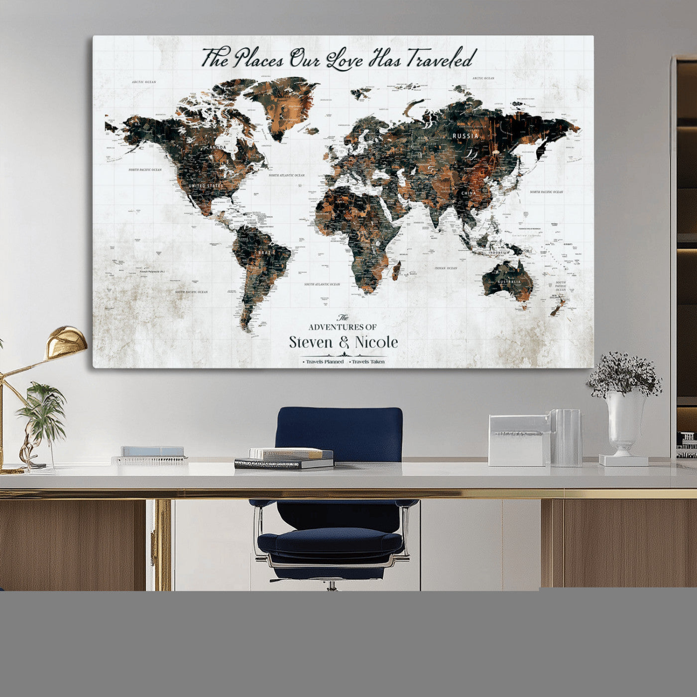 89231588-MGV-CV-36X24-World Travel Map with Pins – Framed Canvas Print to Track Adventures and Create a Visual Travel Journal, Ideal Wall Art for Home - H17