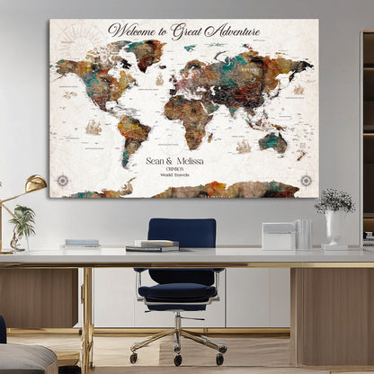 92462592-MGV-CV-36X24-Customize Push Pin World Map Wall Canvas Print – Personalizable Travel World Map with Pins – Framed Personalized Map Print for Couple Gift - H31