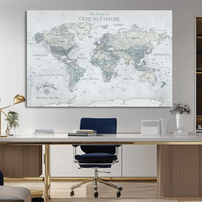 Custom Push Pin World Map Wall Canvas Print – Personalized Travel Tracker with Pins – Framed Custom Quotie Canvas for Home Office Decor
