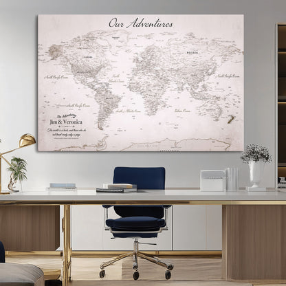 Customize Push Pin World Map Wall Canvas Print – Personalized Travel Map with Foam Pins – Framed Custom Quotie Canvas for Home Office Decor