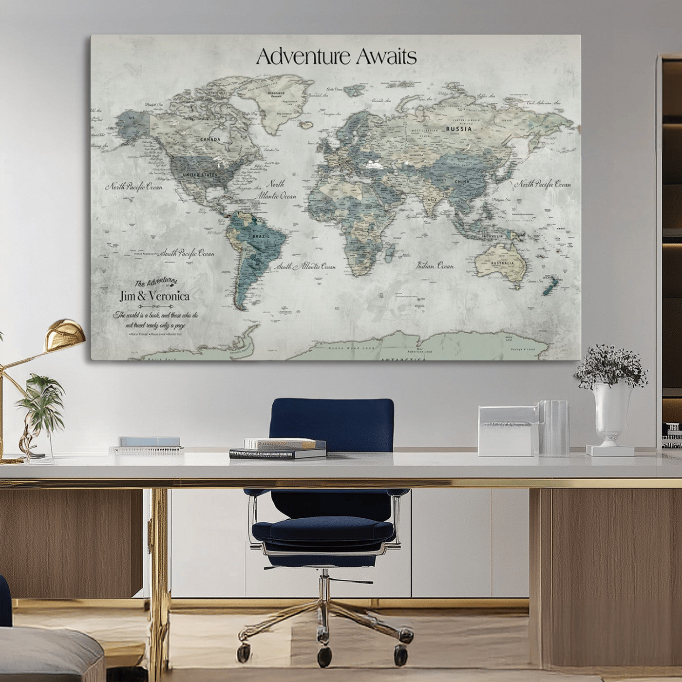Customize Push Pin World Map Wall Canvas Print – Personalized Travel Tracker with Pins – Framed Custom Quotie Canvas for Home Office Decor