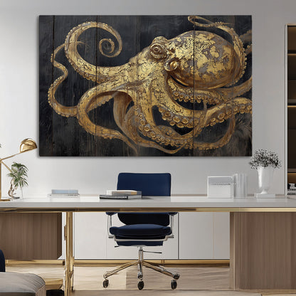A detailed gold illustration of an octopus on black wooden planks, showing its intricate tentacles and textured skin in an artistic style.