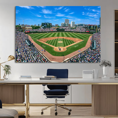 A wide-angle shot of a baseball field filled with spectators, with players on the field and the iconic Wrigley Field scoreboard in the background.