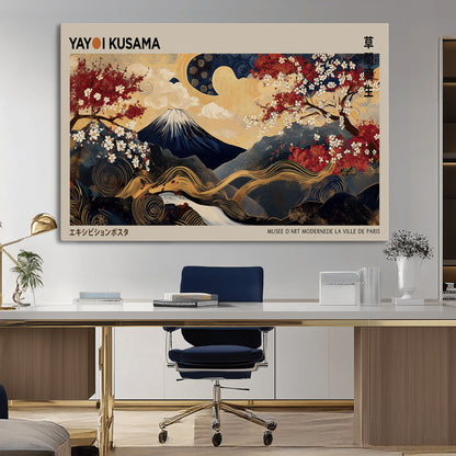 Yayoi Kusama's artwork featuring Mount Fuji, blooming cherry trees, and intricate swirls, blending traditional Japanese elements with vibrant color.