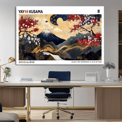 An artwork by Yayoi Kusama featuring Mount Fuji, blooming cherry blossoms, and swirling patterns in a harmonious blend of nature and art.