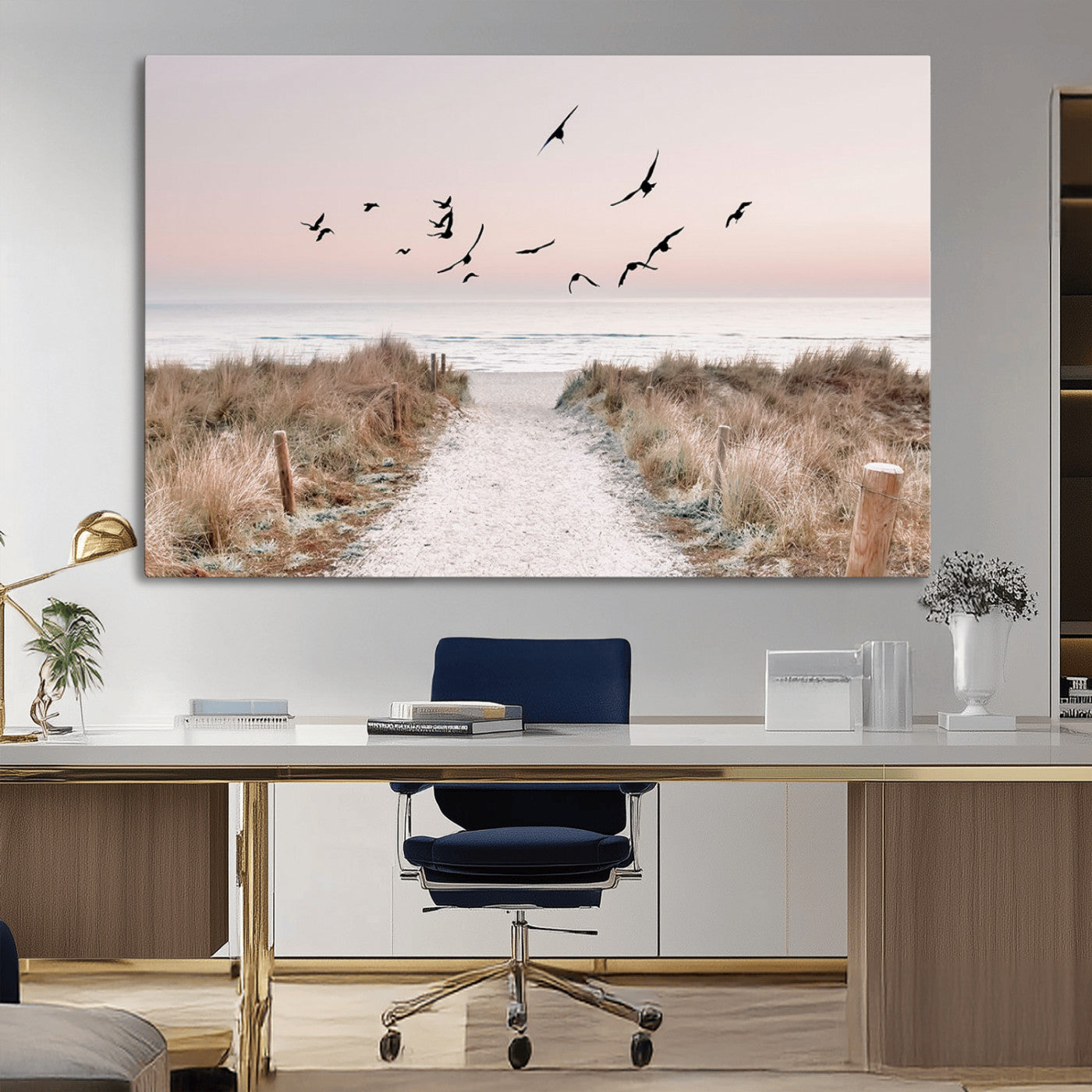 A peaceful coastal pathway leading to the ocean, with birds flying across a soft pastel sky, creating a calm and scenic beach atmosphere.