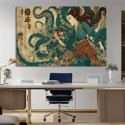 Tsukioka Yoshitoshi Samurai Wall Art Print, Japanese Katana Warrior Canvas Wall Art, Octopus Sea Monster Canvas Print,