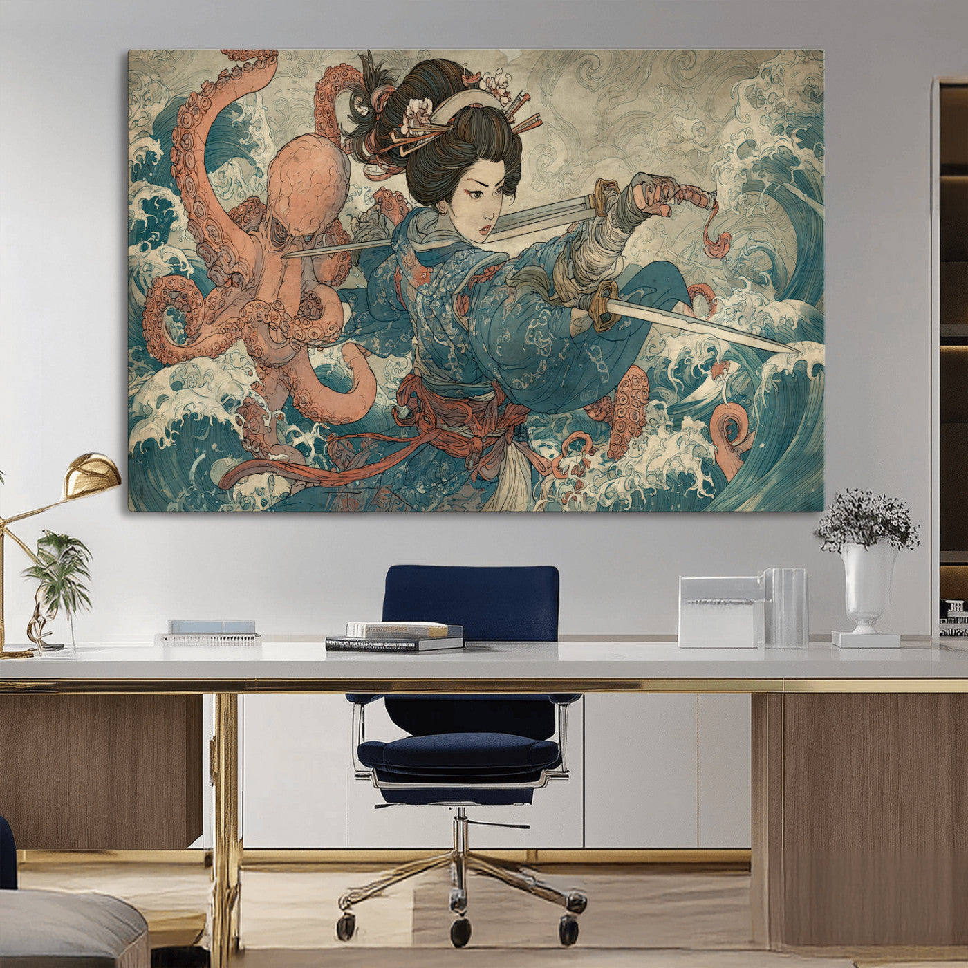 Tsukioka Yoshitoshi Samurai Wall Art Print, Japanese Katana Warrior Canvas Wall Art, Octopus Sea Monster Canvas Print,