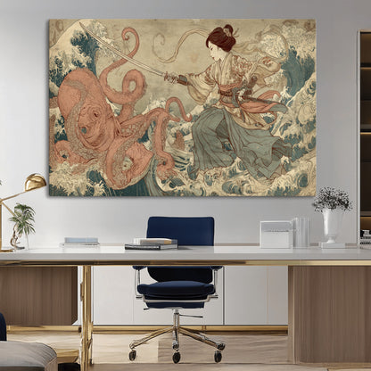Tsukioka Yoshitoshi Samurai Wall Art Print, Japanese Katana Warrior Canvas Wall Art, Octopus Sea Monster Canvas Print,