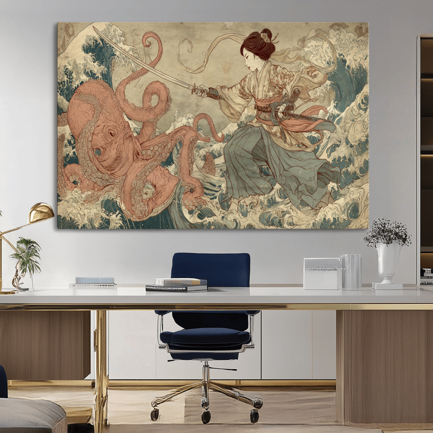 Tsukioka Yoshitoshi Samurai Wall Art Print, Japanese Katana Warrior Canvas Wall Art, Octopus Sea Monster Canvas Print,