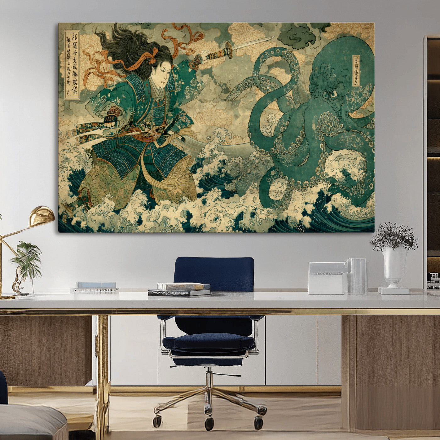 Tsukioka Yoshitoshi Samurai Wall Art Print, Japanese Katana Warrior Canvas Wall Art, Octopus Sea Monster Canvas Print,