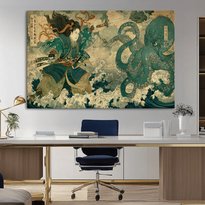 Tsukioka Yoshitoshi Samurai Wall Art Print, Japanese Katana Warrior Canvas Wall Art, Octopus Sea Monster Canvas Print,