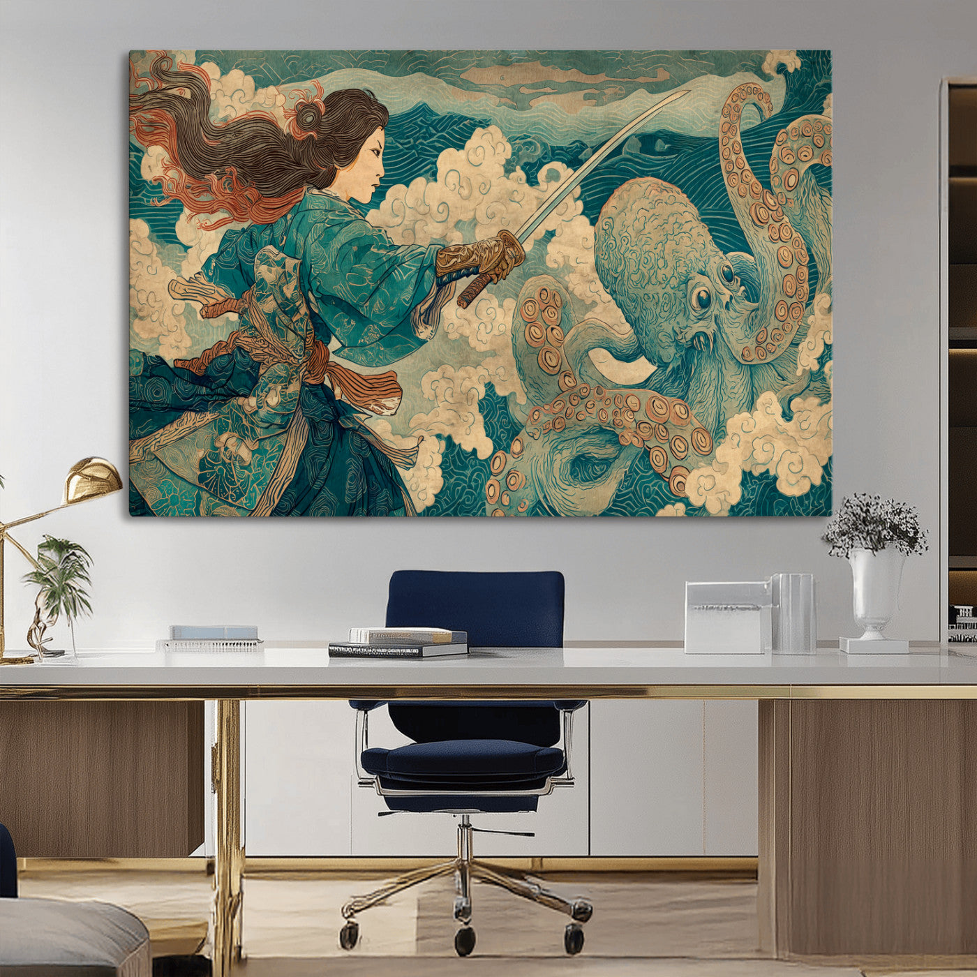 Tsukioka Yoshitoshi Samurai Wall Art Print, Japanese Katana Warrior Canvas Wall Art, Octopus Sea Monster Canvas Print,