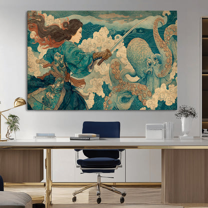 Tsukioka Yoshitoshi Samurai Wall Art Print, Japanese Katana Warrior Canvas Wall Art, Octopus Sea Monster Canvas Print,