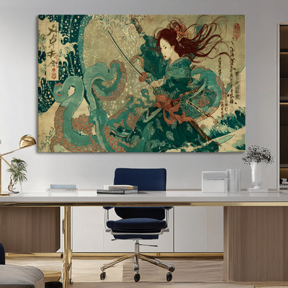 Tsukioka Yoshitoshi Samurai Wall Art Print, Japanese Katana Warrior Canvas Wall Art, Octopus Sea Monster Canvas Print,