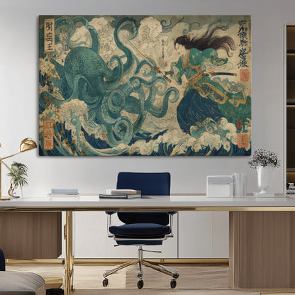 Tsukioka Yoshitoshi Samurai Wall Art Print, Japanese Katana Warrior Canvas Wall Art, Octopus Sea Monster Canvas Print,