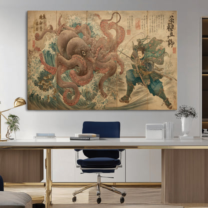 Tsukioka Yoshitoshi Samurai Wall Art Print, Japanese Katana Warrior Canvas Wall Art, Octopus Sea Monster Canvas Print,