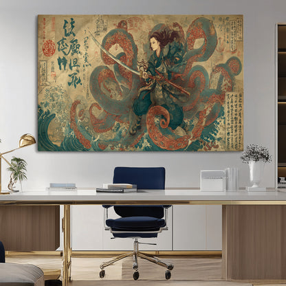 Tsukioka Yoshitoshi Samurai Wall Art Print, Japanese Katana Warrior Canvas Wall Art, Octopus Sea Monster Canvas Print,