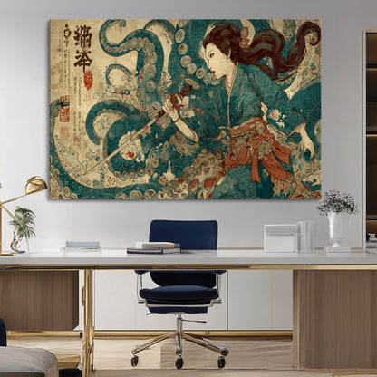 Tsukioka Yoshitoshi Samurai Wall Art Print, Japanese Katana Warrior Canvas Wall Art, Octopus Sea Monster Canvas Print,