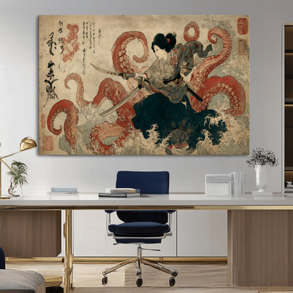 Tsukioka Yoshitoshi Samurai Wall Art Print, Japanese Katana Warrior Canvas Wall Art, Octopus Sea Monster Canvas Print,