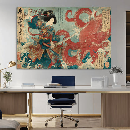 Tsukioka Yoshitoshi Samurai Wall Art Print, Japanese Katana Warrior Canvas Wall Art, Octopus Sea Monster Canvas Print,