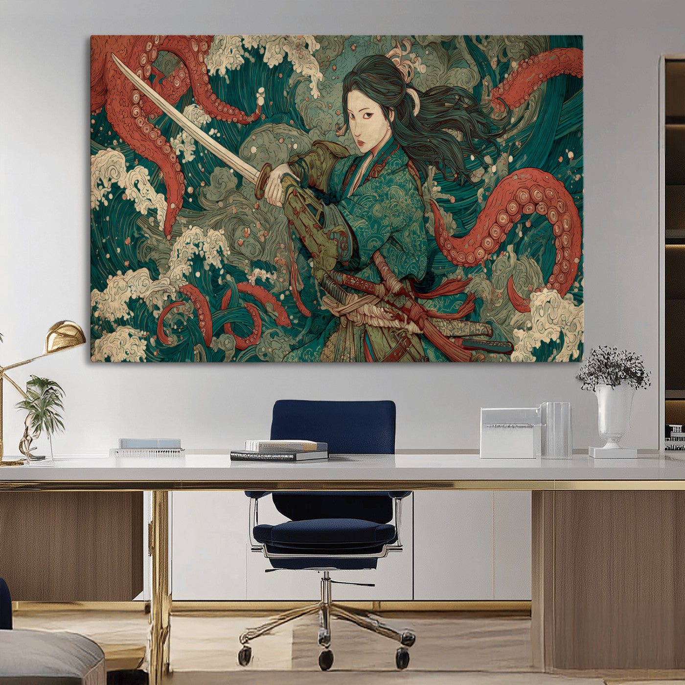 Tsukioka Yoshitoshi Samurai Wall Art Print, Japanese Katana Warrior Canvas Wall Art, Octopus Sea Monster Canvas Print,
