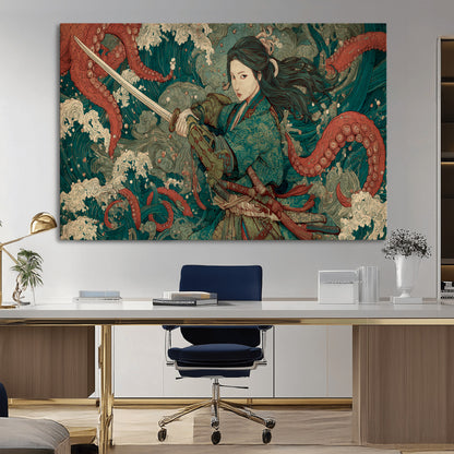 Tsukioka Yoshitoshi Samurai Wall Art Print, Japanese Katana Warrior Canvas Wall Art, Octopus Sea Monster Canvas Print,